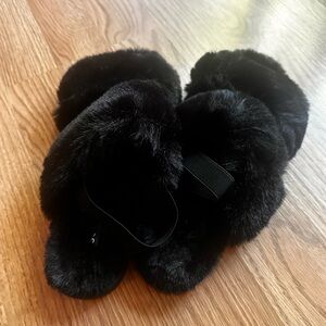 Sun + Stone Black Furry Slippers